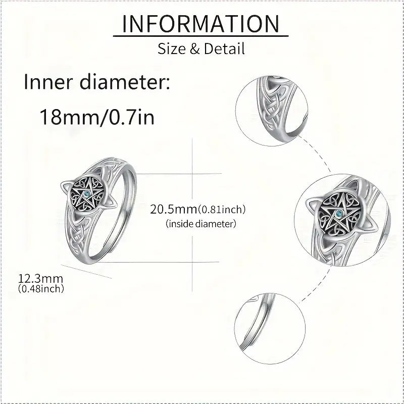 Sterling Silver Celtic Knot Pentagram Unisex Ring Adjustable P-T