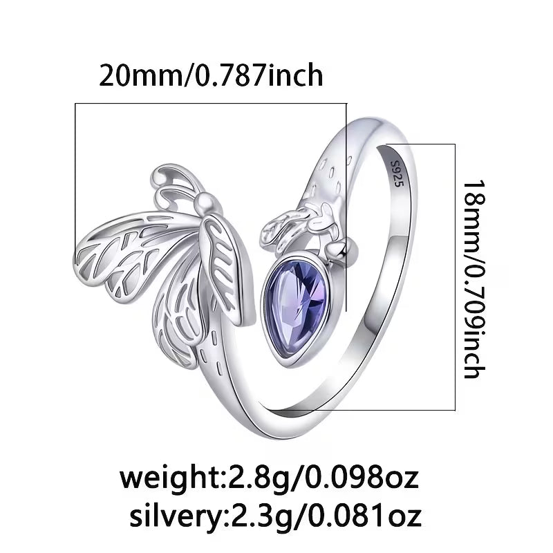 Sterling Silver Butterfly Purple Cubic Zirconia Ring Adjustable size O-T