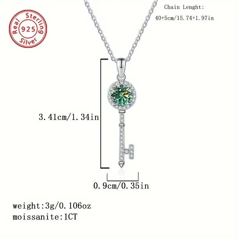 Sterling Silver 1ct Blue/Green Moissanite Key Pendant & Chain