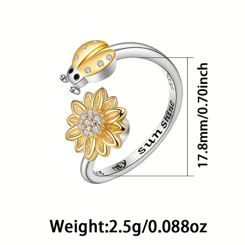 Sterling Silver Ladybird & Spinning Sunflower CZ Ring Adjustable size M-R