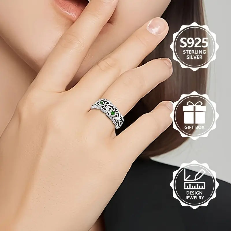 Sterling Silver Claddagh Unisex Green Cubic Zirconia Band Ring size N, P, R 1/2 or T 1/2