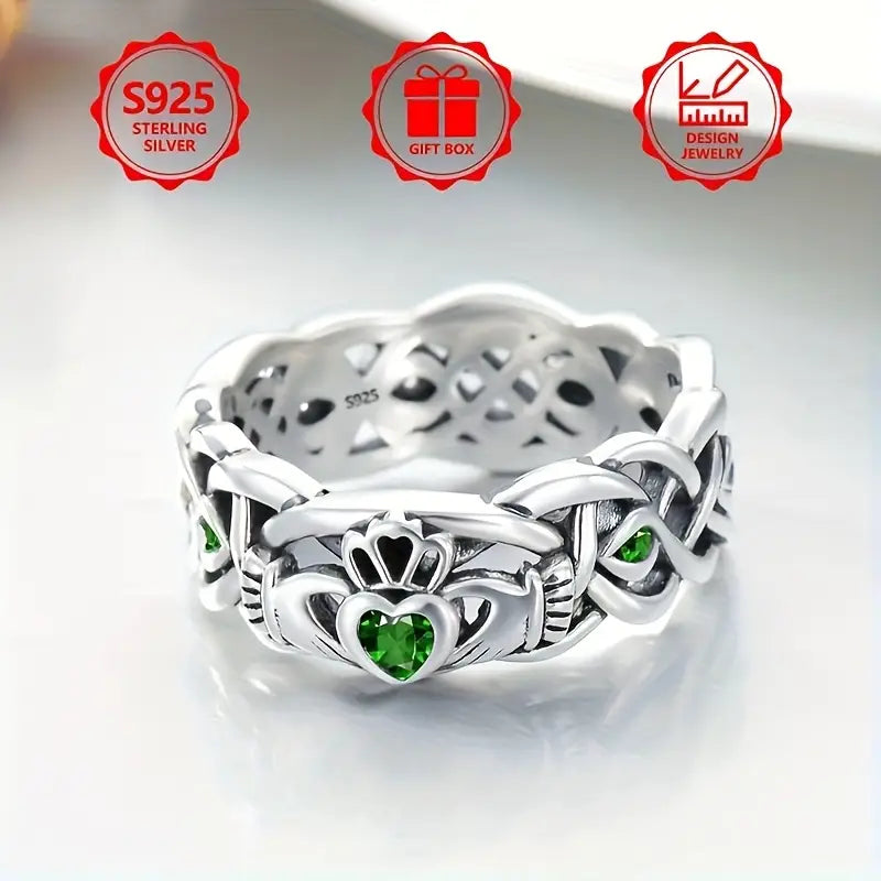 Sterling Silver Claddagh Unisex Green Cubic Zirconia Band Ring size N, P, R 1/2 or T 1/2