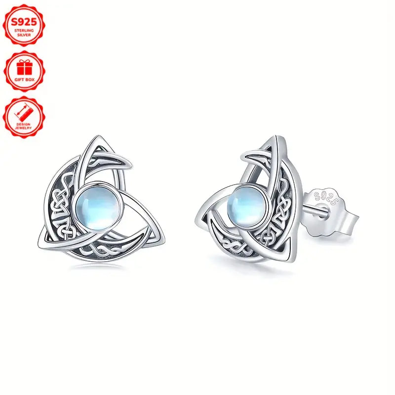 Sterling Silver Large Celtic Knot Crescent Moon Moonstone Stud Earrings