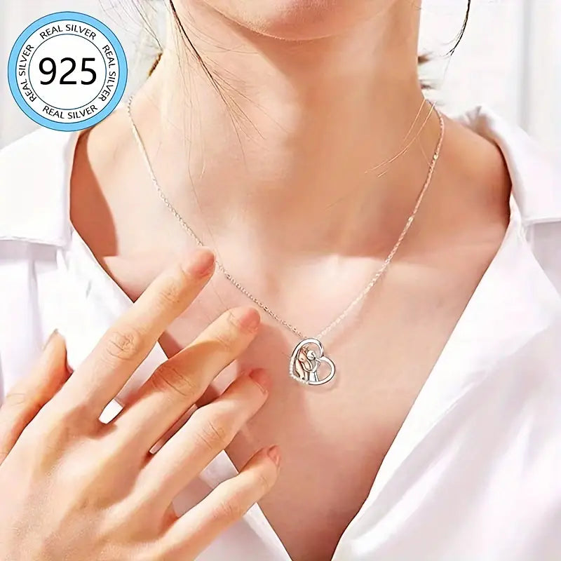 Sterling Silver 2 Tone (Black) Hugging Horse & Lady Cubic Zirconia Heart Pendant & Chain