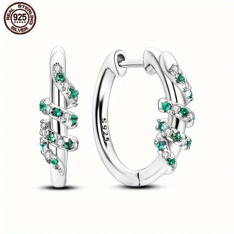 Sterling Silver Serpent Green & White Cubic Zirconia Hoop Earrings