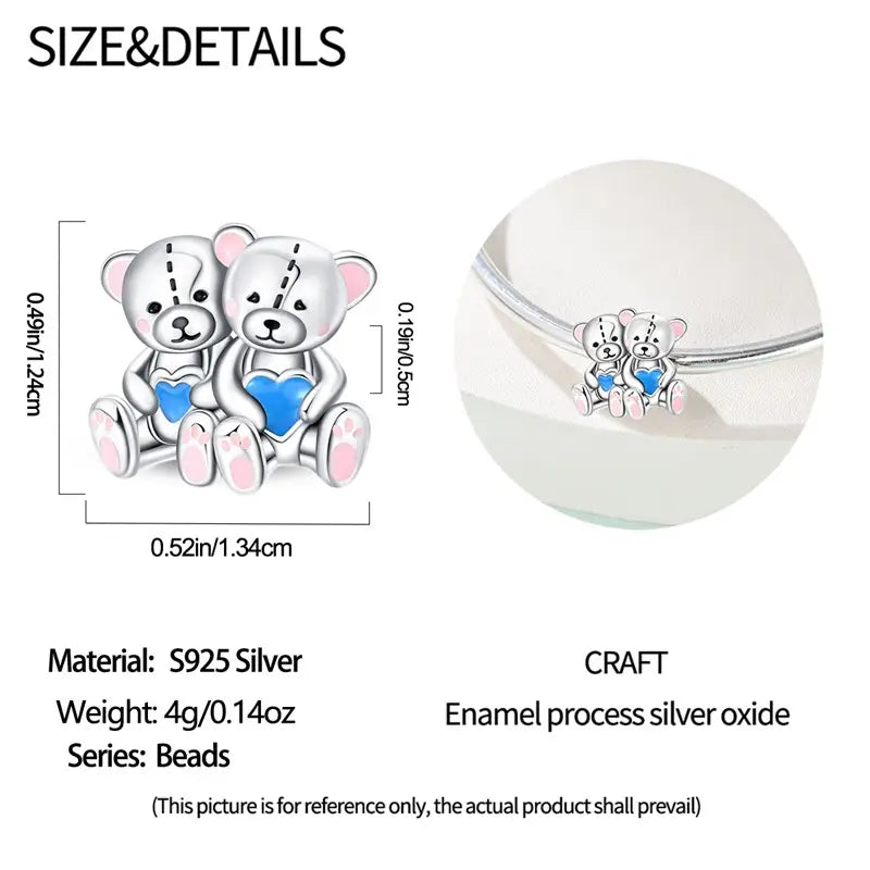 Sterling Silver Two Bears Love Heart Bead Charm