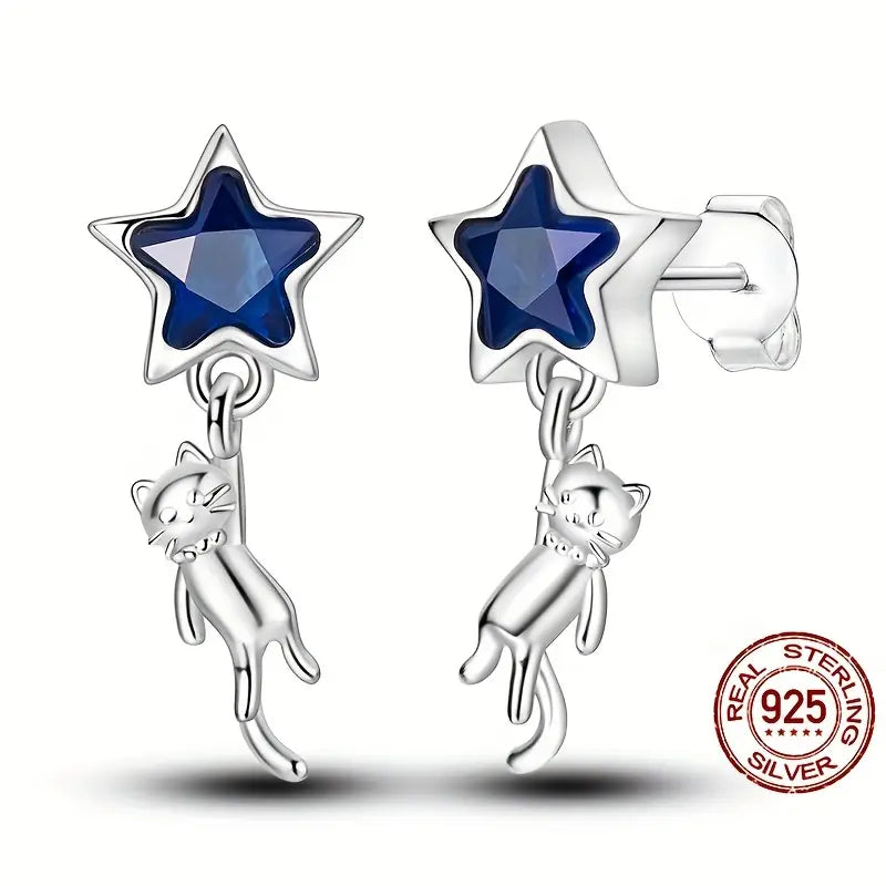 Sterling Silver Blue Cubic Zirconia Star & Cat Earrings