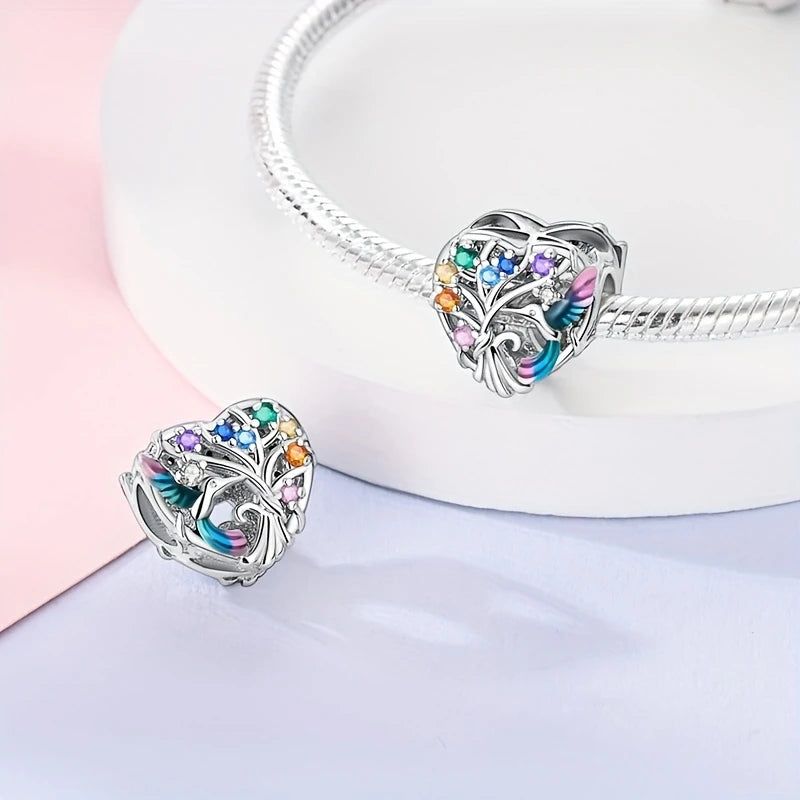 Sterling Silver Hummingbird Multi Coloured Cubic Zirconia Heart Bead Charm
