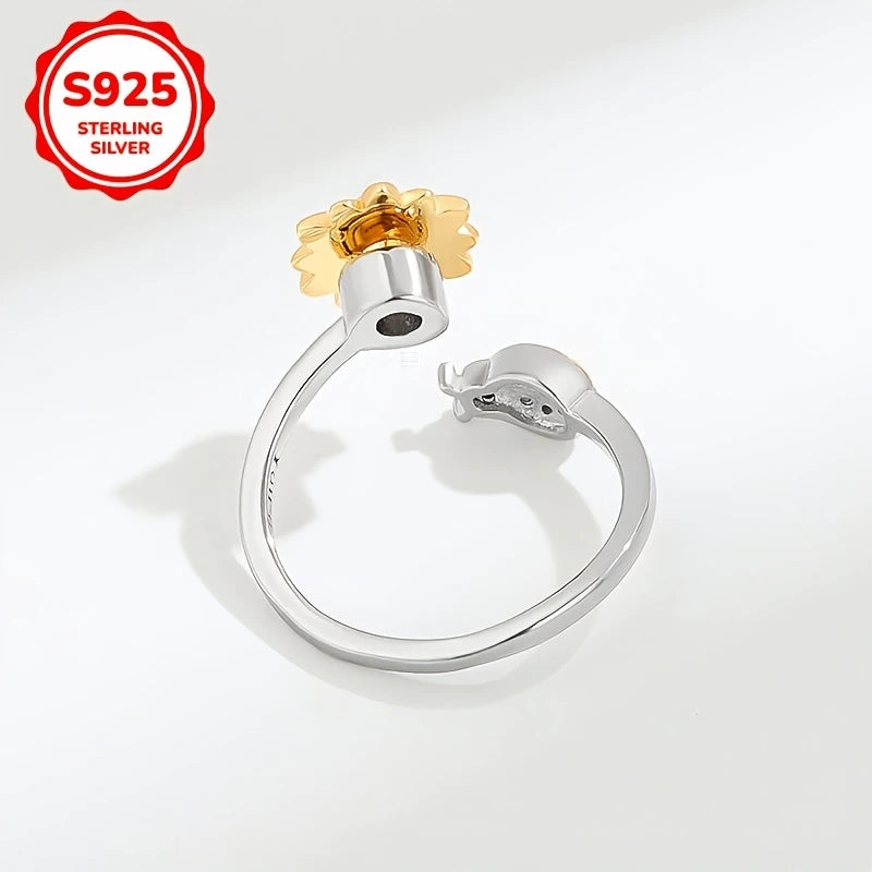 Sterlinf Silver Ladybird & Spinning Sunflower CZ Ring Adjustable size M-R