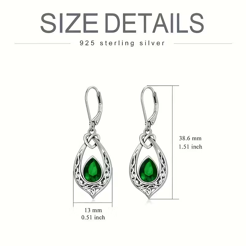 Sterling Silver Celtic Knot Emerald CZ Teardrop Drop Earrings