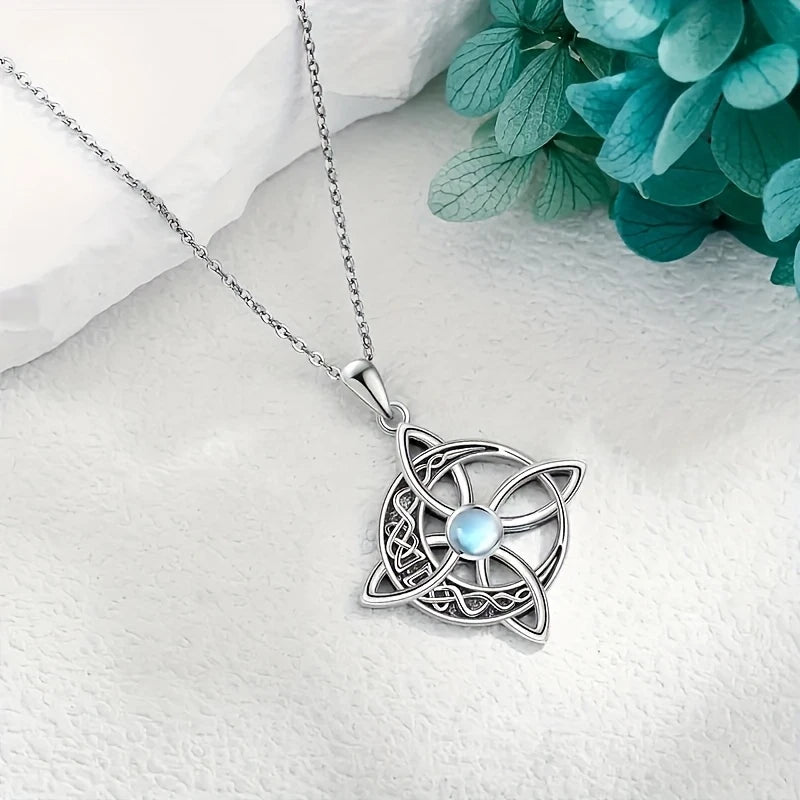 Sterling Silver Crescent Moon Celtic Knot Moonstone Pendant & Chain