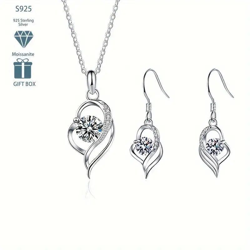 Sterling Silver White Moissanite Heart Pendant, Chain & Drop Earrings