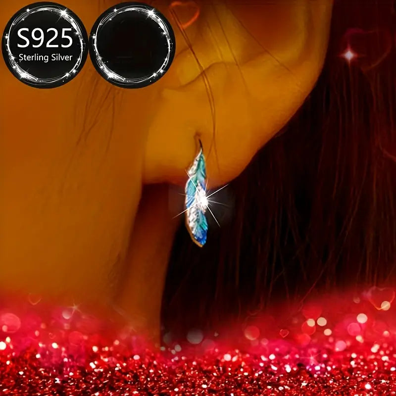 Sterling Silver Feather White Cubic Zirconia Hook Earrings