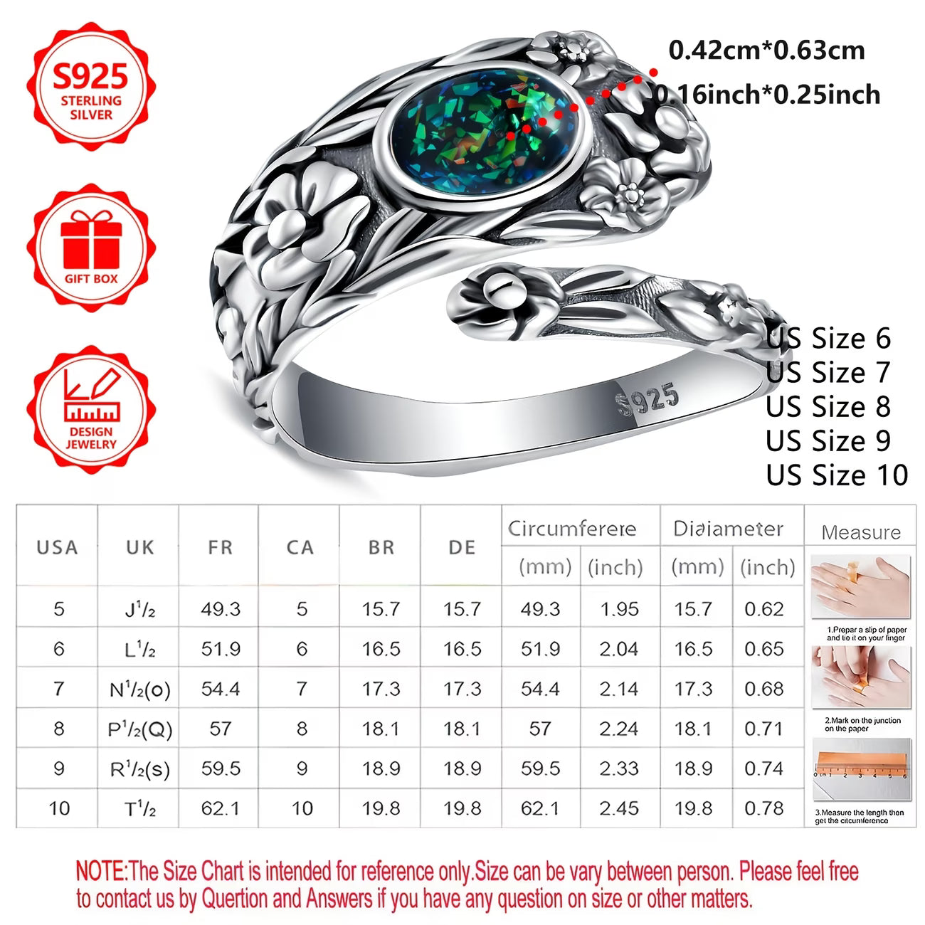 Sterling Silver Oval Opal Flower Pattern Ring Adjustable size O-T