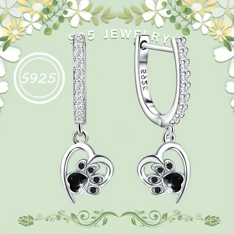 Sterling Silver Pawprints Heart Cubic Zirconia Hoop Drop Earrings