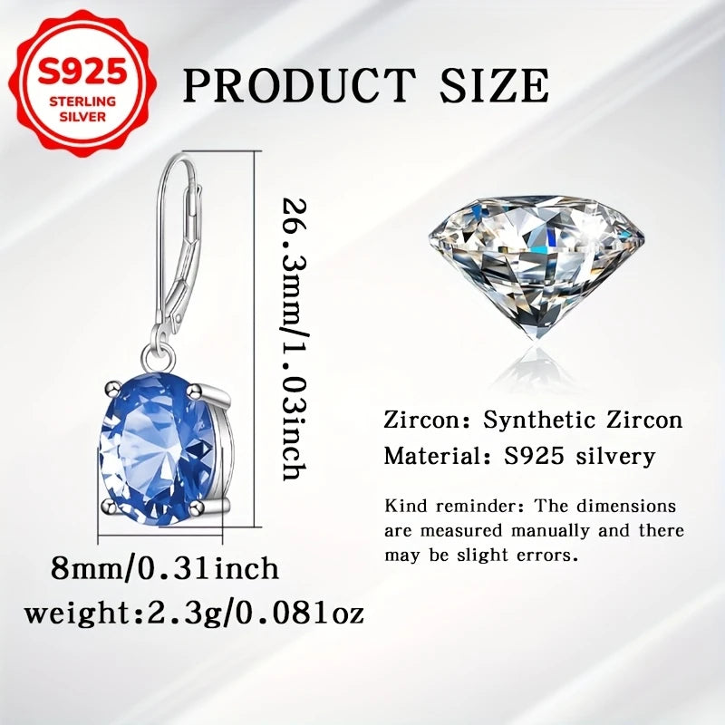 Sterling Silver Oval Blue Cubic Zirconia Drop Earrings