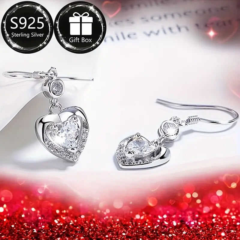 Sterling Silver White Cubic Zirconia Heart Drop Earrings