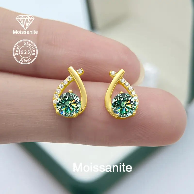 Sterling Silver Yellow Gold Plated 0.5ct Blue/Green Moissanite Stud Earrings