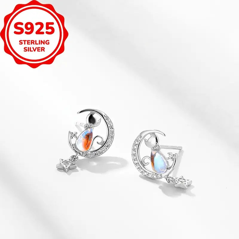 Sterling Silver Moonstone Cubic Zirconia Cat, Moon & Star Stud Earrings