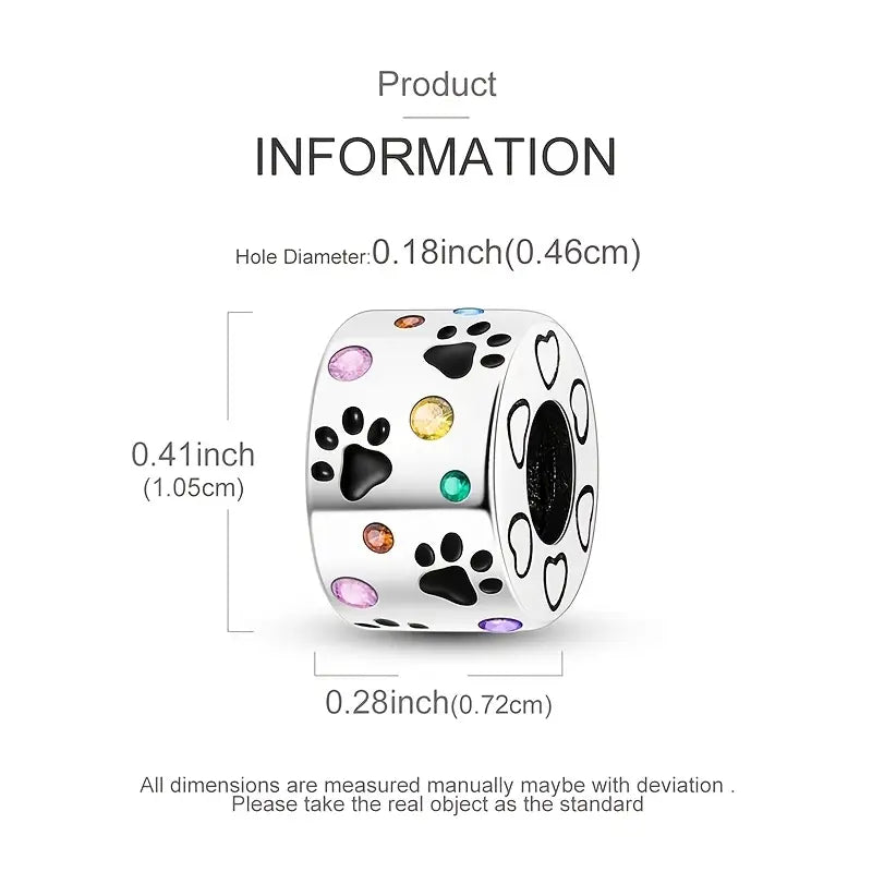 Sterling Silver Paw Prints Rainbow Cubic Zirconia Bead Charm