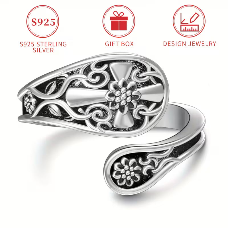 Sterling Silver Cross Patterned Spoon Ring Adjustable N-T