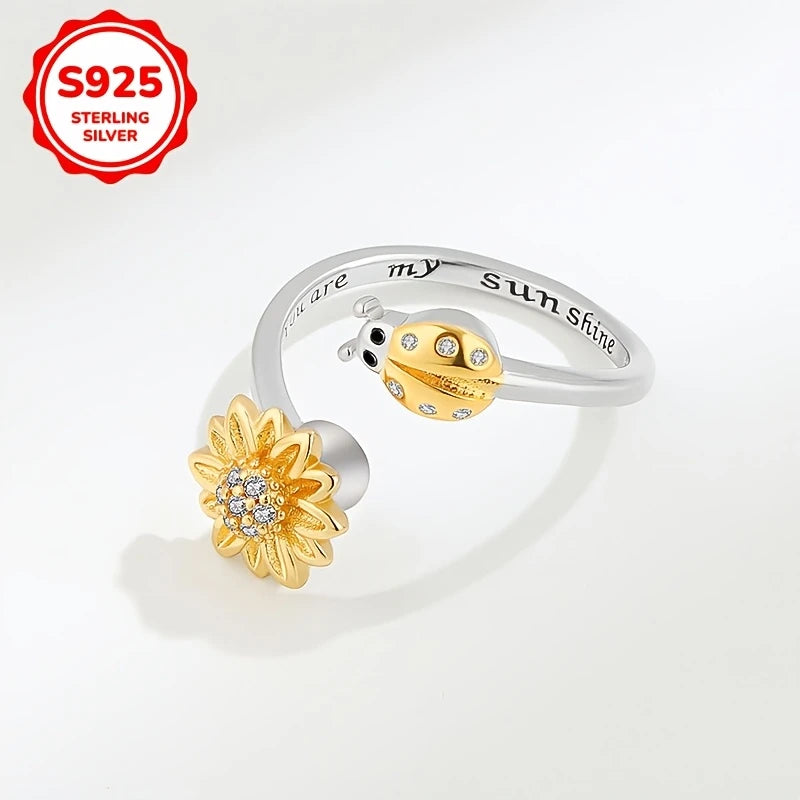 Sterlinf Silver Ladybird & Spinning Sunflower CZ Ring Adjustable size M-R