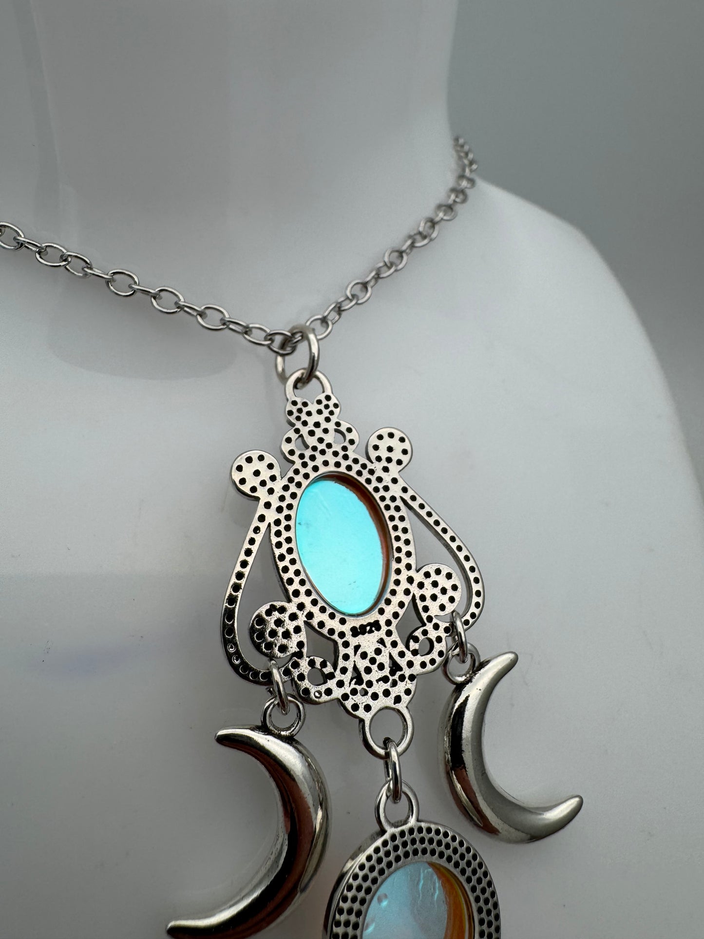 Sterling Silver Bohemian Moonstone Crescent Moons Pendant & Chain