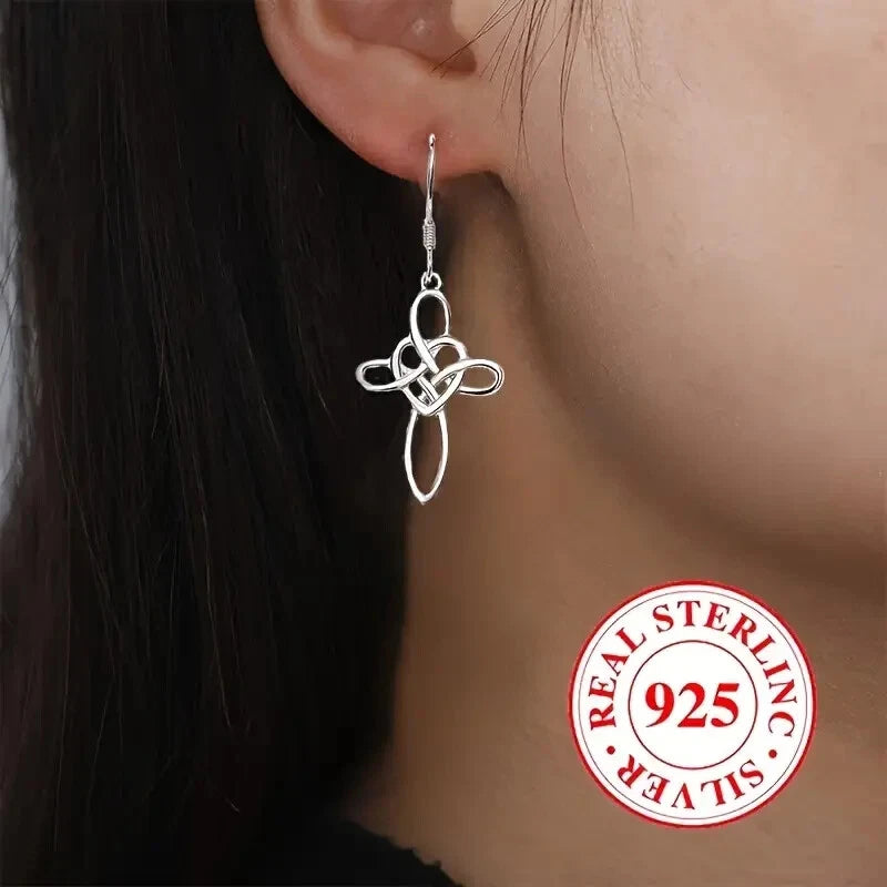 Sterling Silver Celtic Knot Heart Cross Drop Earrings