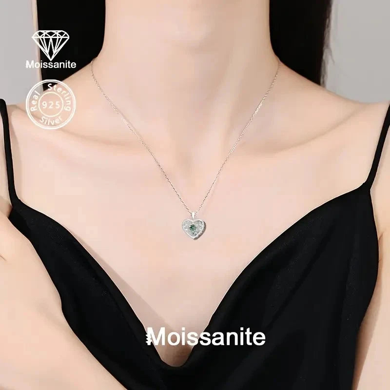 Sterling Silver 0.5ct Blue/Green Moissanite Tree of Life Heart Pendant & Chain
