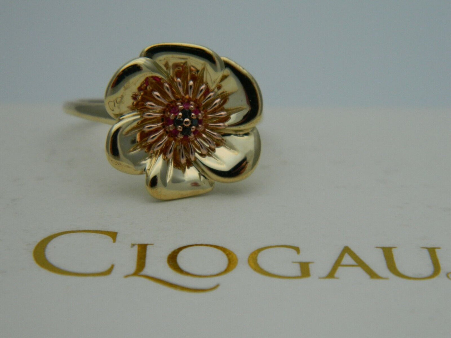 Clogau 9ct Yellow & Rose Gold Ruby & Black Diamond Welsh Poppy Ring size K or T