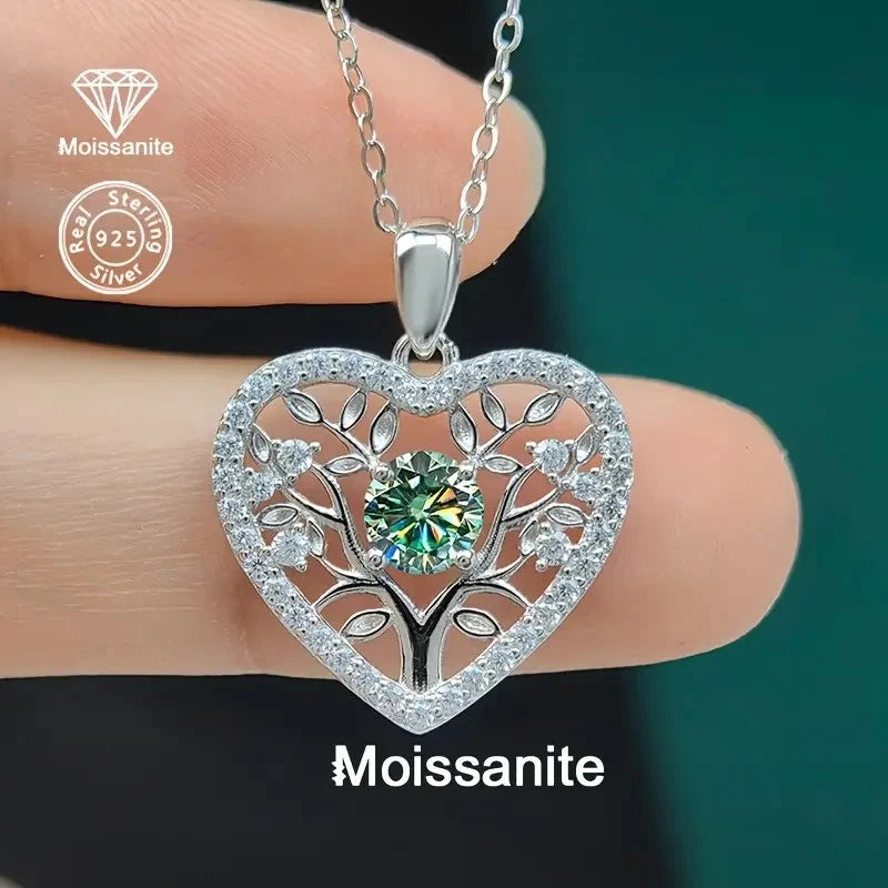Sterling Silver 0.5ct Blue/Green Moissanite Tree of Life Heart Pendant & Chain