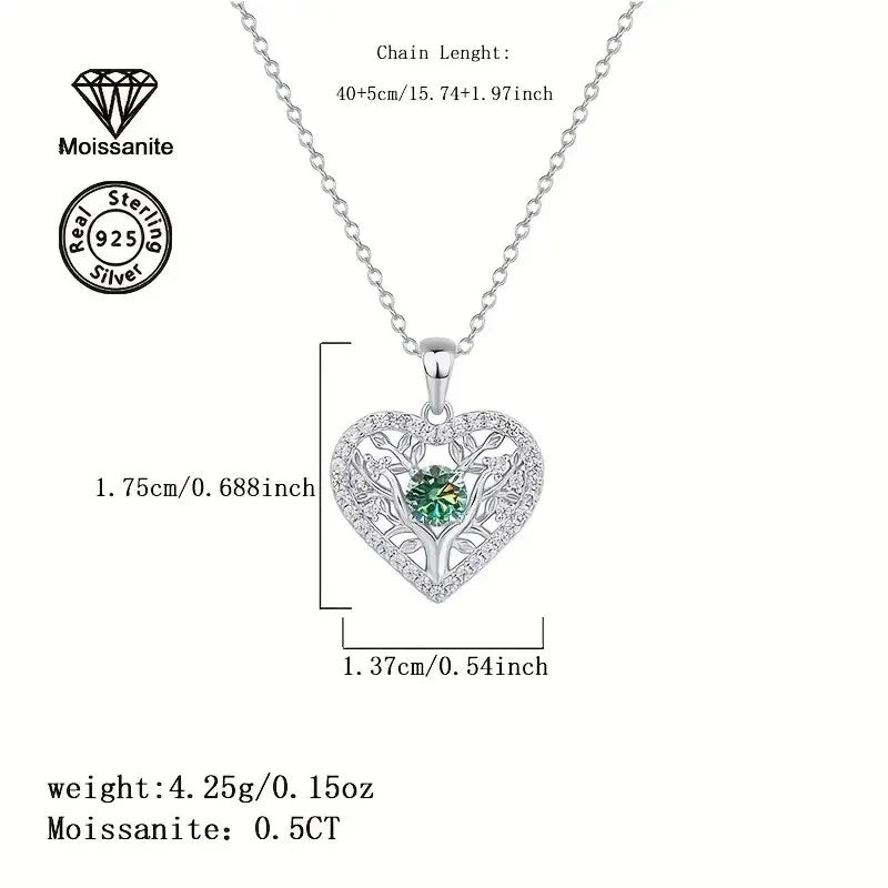 Sterling Silver 0.5ct Blue/Green Moissanite Tree of Life Heart Pendant & Chain