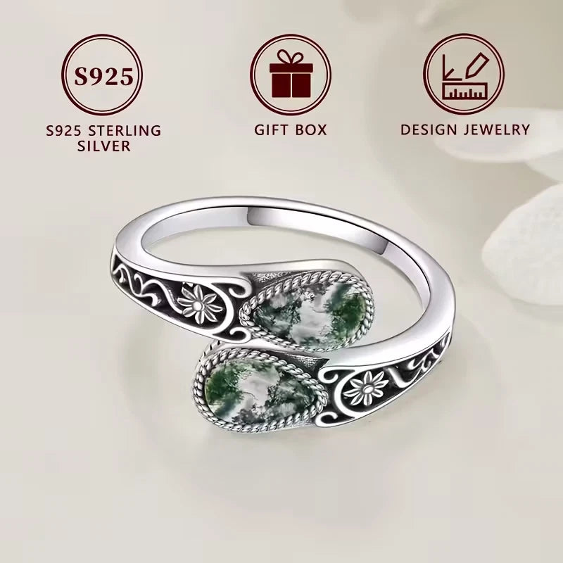 Sterling Silver Teardrop Moss Agate Flower Patterned Ring Adjustable P-T