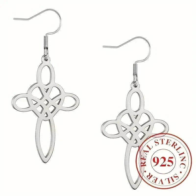 Sterling Silver Celtic Knot Heart Cross Drop Earrings