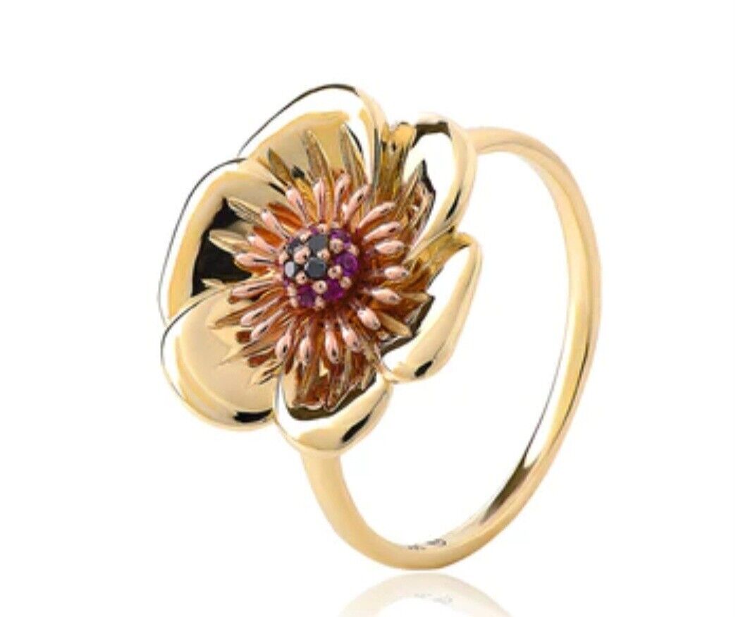 Clogau 9ct Yellow & Rose Gold Ruby & Black Diamond Welsh Poppy Ring size K or T