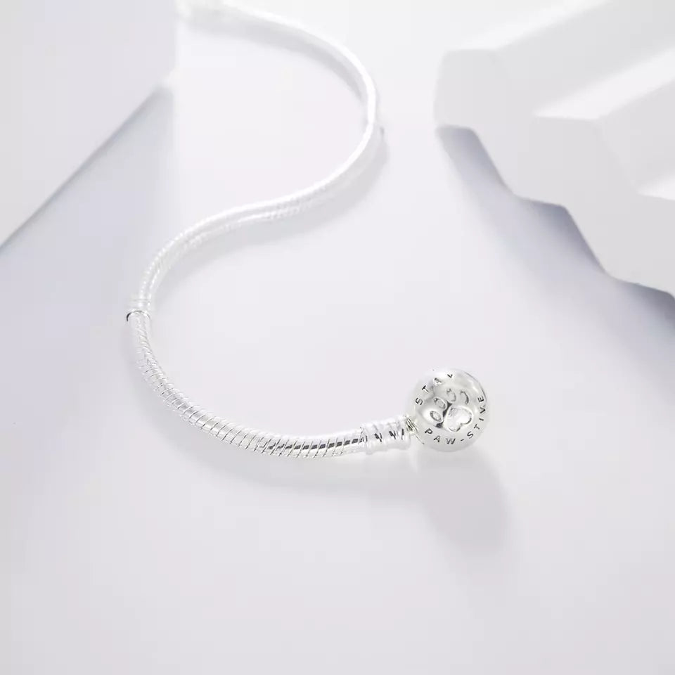 Sterling Silver Snake Chain Cubic Zirconia Dog Paw Bead Charm Bracelet 17cm