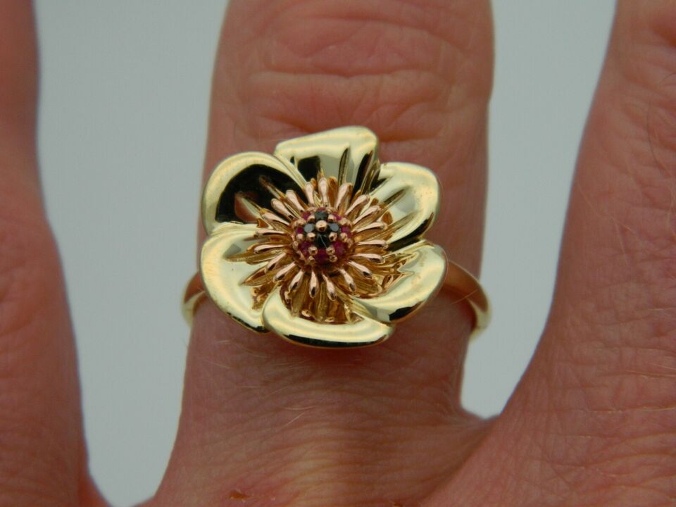 Clogau 9ct Yellow & Rose Gold Ruby & Black Diamond Welsh Poppy Ring size K or T
