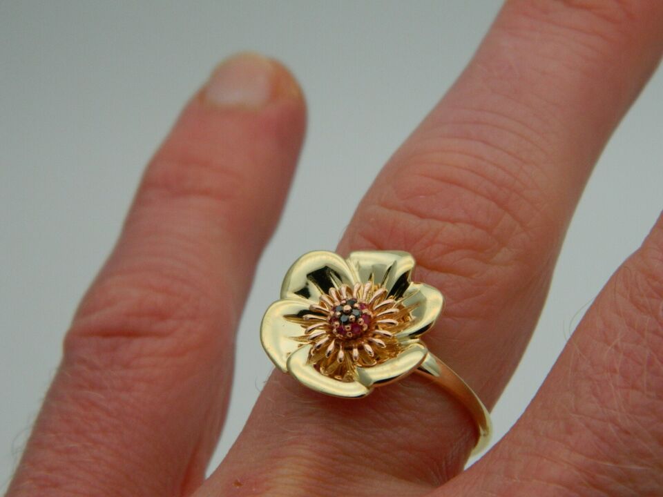 Clogau 9ct Yellow & Rose Gold Ruby & Black Diamond Welsh Poppy Ring size K or T