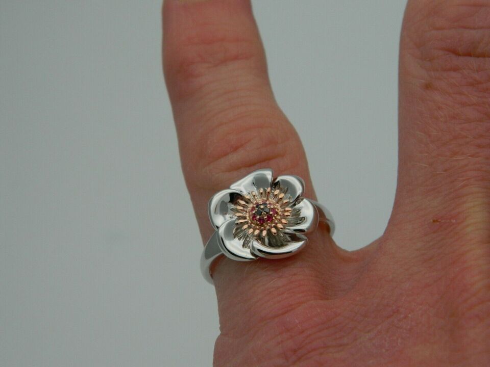 Clogau Sterling Silver & 9ct Rose Gold Welsh Poppy Ruby & Black Diamond Diamond Ring