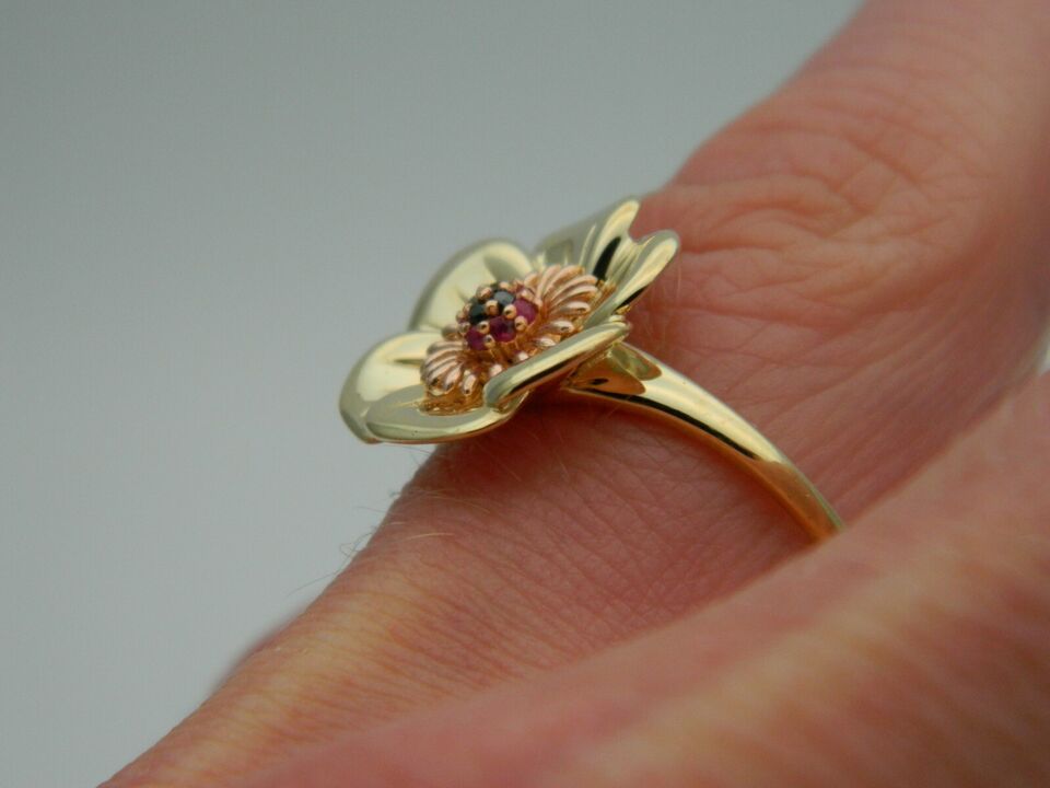 Clogau 9ct Yellow & Rose Gold Ruby & Black Diamond Welsh Poppy Ring size K or T