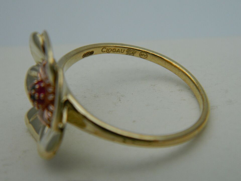 Clogau 9ct Yellow & Rose Gold Ruby & Black Diamond Welsh Poppy Ring size K or T