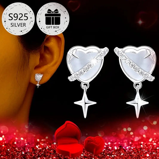 Sterling Silver Heart Star Cubic Zirconia Stud Earrings