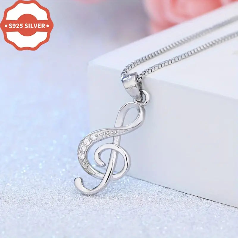 Sterling Silver Cubic Zirconia Treble Clef Pendant & Chain