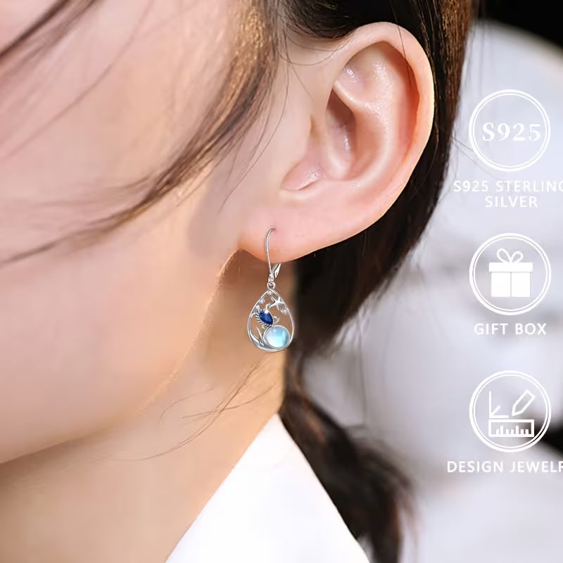 Sterling Silver Sea Turtle Moonstone & CZ Teardrop Drop Earrings
