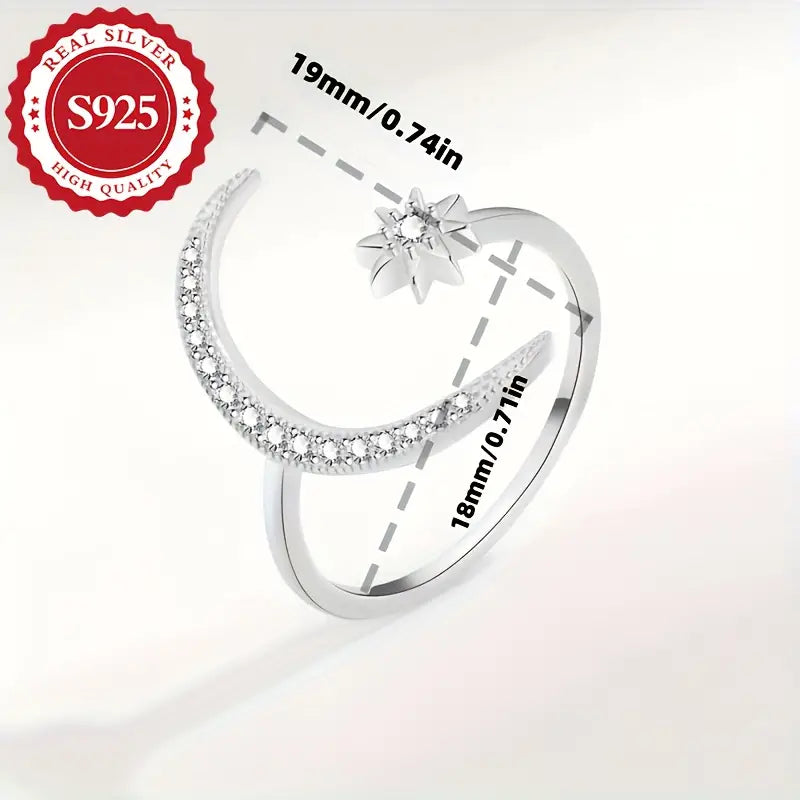 Sterling Silver Adjustable Moon & Star Cubic Zirconia Ring