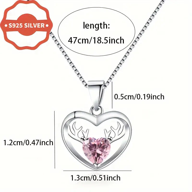 Sterling Silver Antler Heart Pink Cubic Zirconia Pendant & Chain