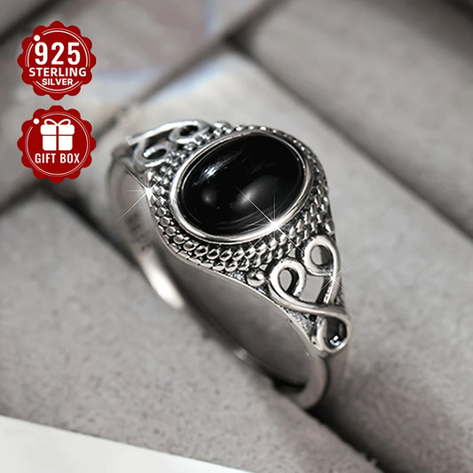 Sterling Silver Unisex Retro Black Onyx Ring Adjustable P-T