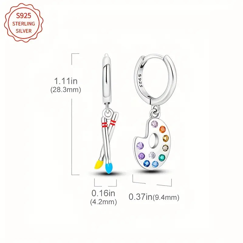 Sterling Silver Asymmetrical Paintbrush & Palette Cubic Zirconia Hoop Drop Earrings