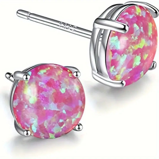 Sterling Silver Round Pink Opal Stud Earrings