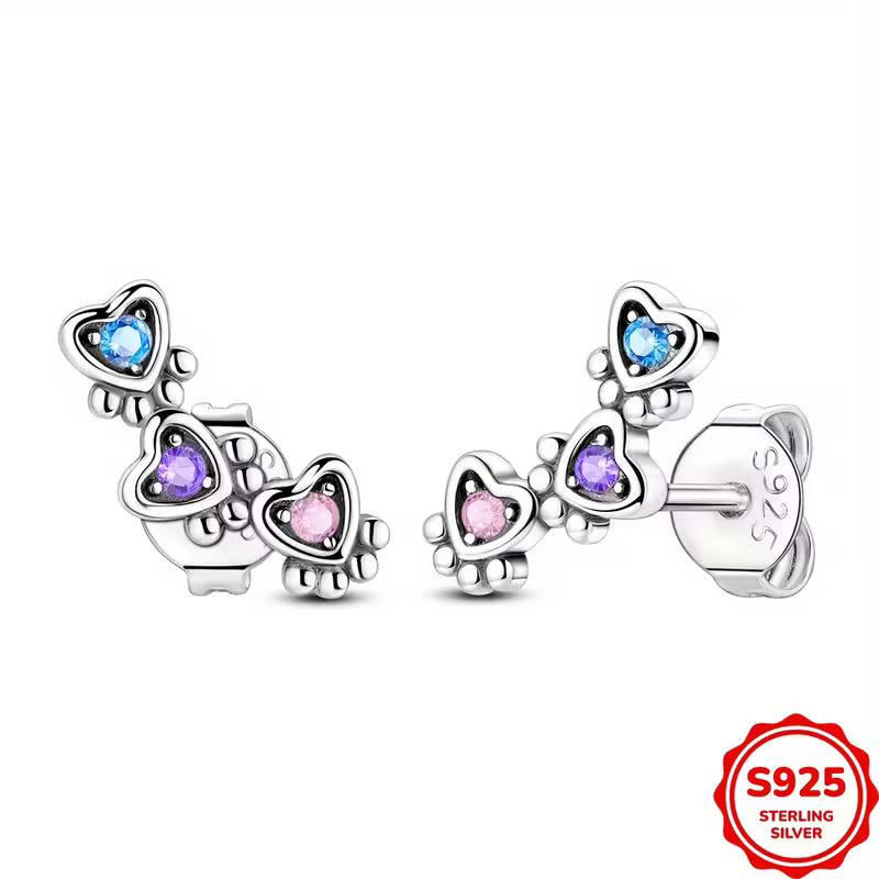 Sterling Silver Triple Paw Prints Cubic Zirconia Stud Earrings